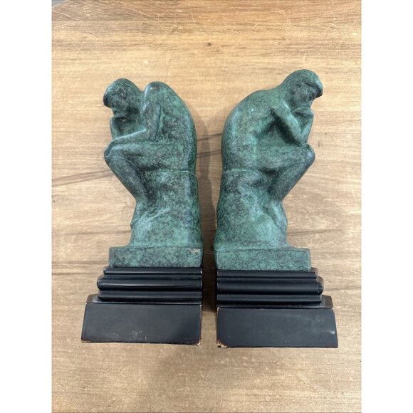 Rodin The Thinker Cast Metal Bookends Green Faux Verdigris Finish Vintage - Picture 12 of 12